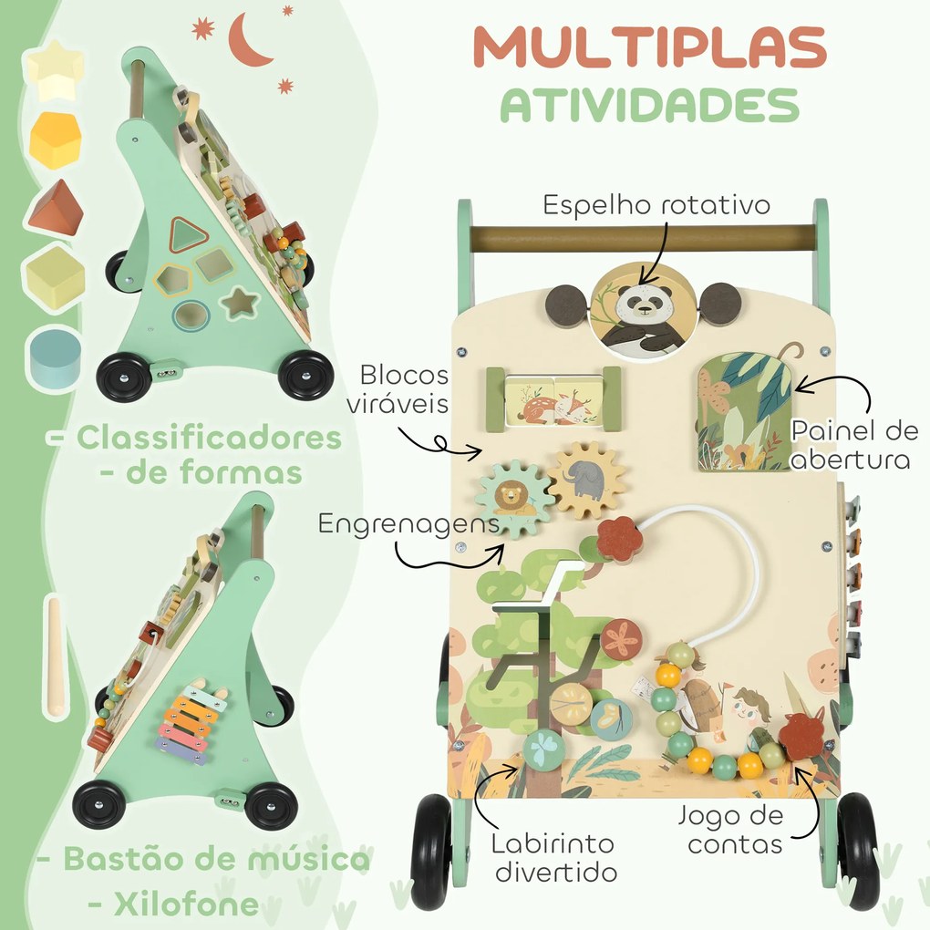 Andador de Madeira para Bebé Centro de Atividades de Aprendizagem Montessori com Controlo de Velocidade com Xilofone 33,5x36x46,8 cm Verde