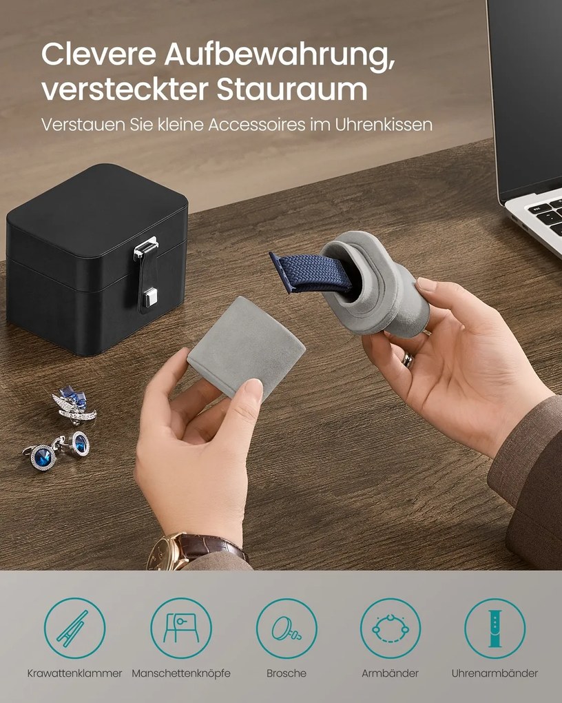 Caixa para relógios 10,1 x 12 x 8,5 cm com dois compartimentos e forro macio preto