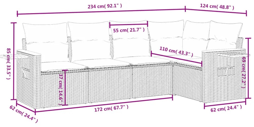 6 pcs conjunto sofás de jardim com almofadões vime cinzento