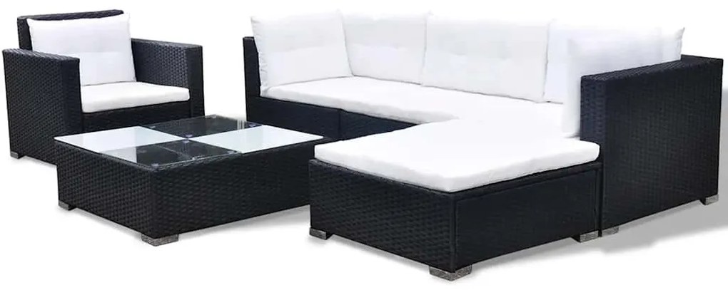 6 pcs conjunto lounge de jardim c/ almofadões vime PE preto