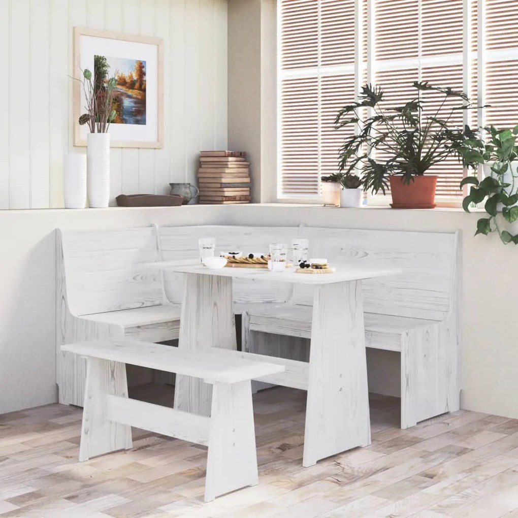 327251 vidaXL Mesa de jantar com banco pinho maciço branco