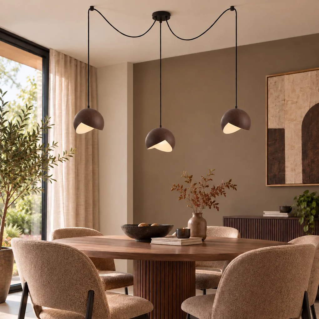 Candeeiro Pendente de Design Preto com Abajur com Efeito Madeira e Vidro Opalino 3 Luzes - Tulip