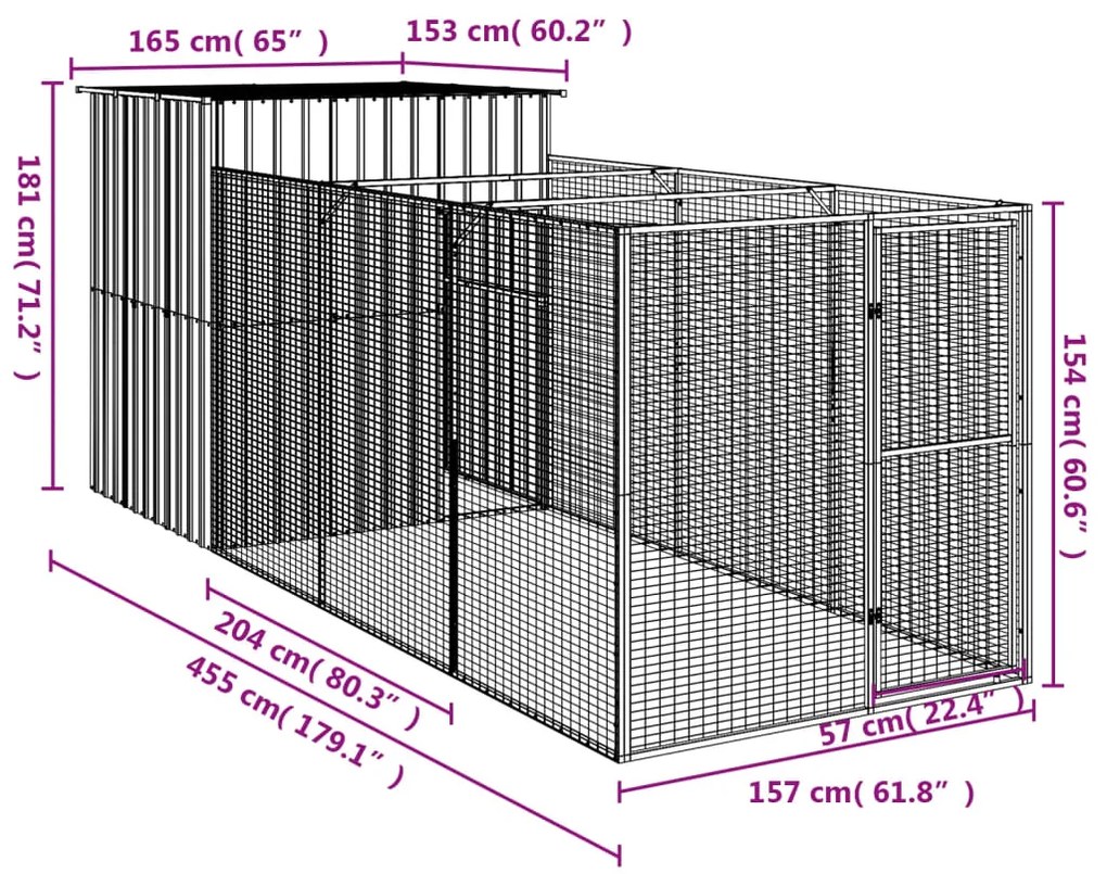 Casota cães c/ parque 165x455x181 cm aço galvaniz. cinza-claro