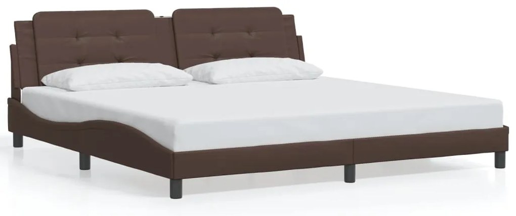 Estrutura cama c/ luz LED 200x200 cm couro artificial castanho
