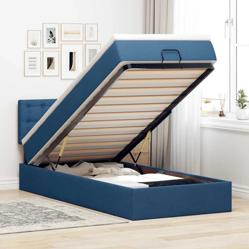Cama otomana com colchão 100x200 cm tecido azul