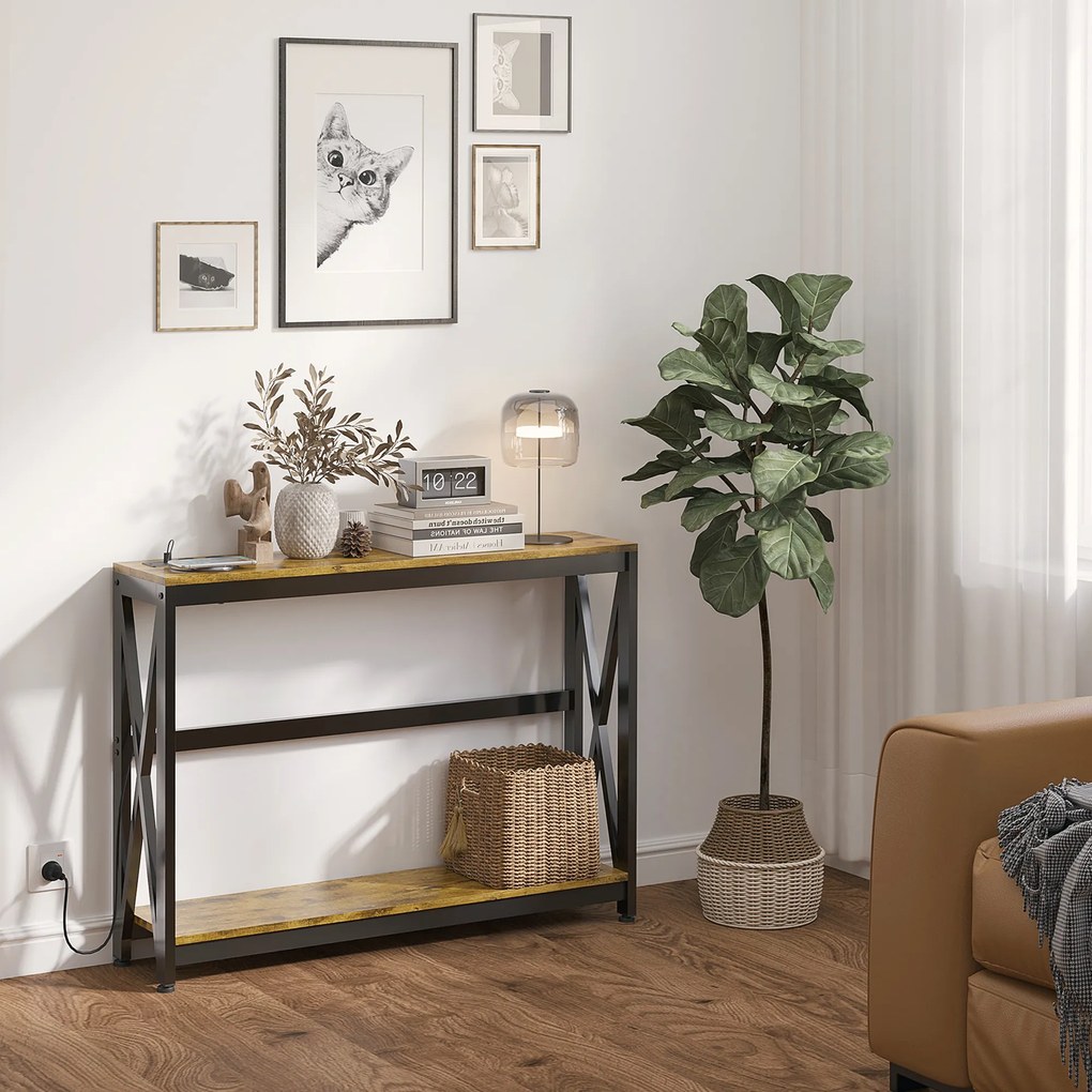Mesa Consola de Estilo Industrial Mesa de Entrada de 2 Níveis com Estação de Carregamento 100x24x75 cm Castanho Rústico