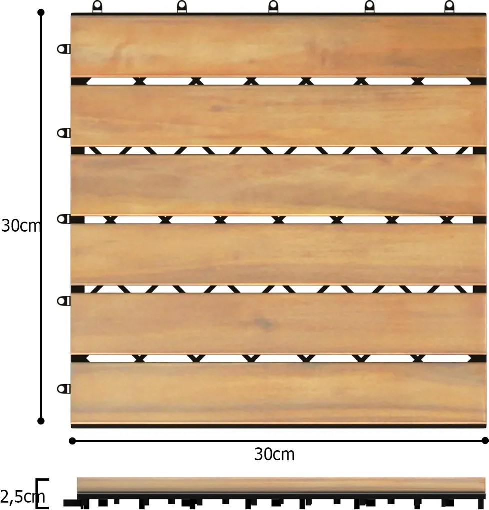 10 Ladrilhos de madeira de acácia para varanda interior e exterior 30 x 30 x 2,5 cm Castanho