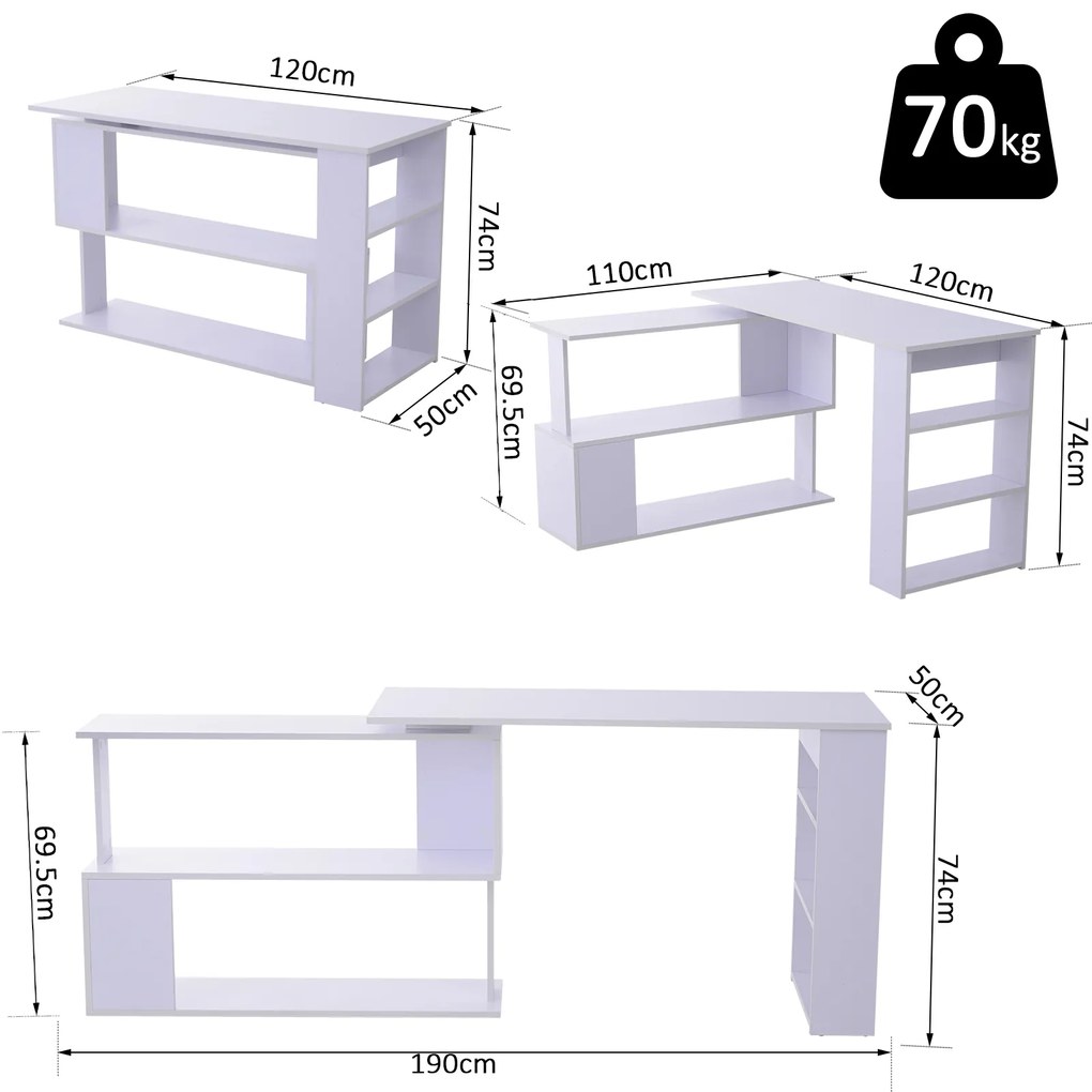 Secretária Mesa de Escritório Mesa de Canto Rotação 360° Multiformes com 5 Prateleiras Estante Branca