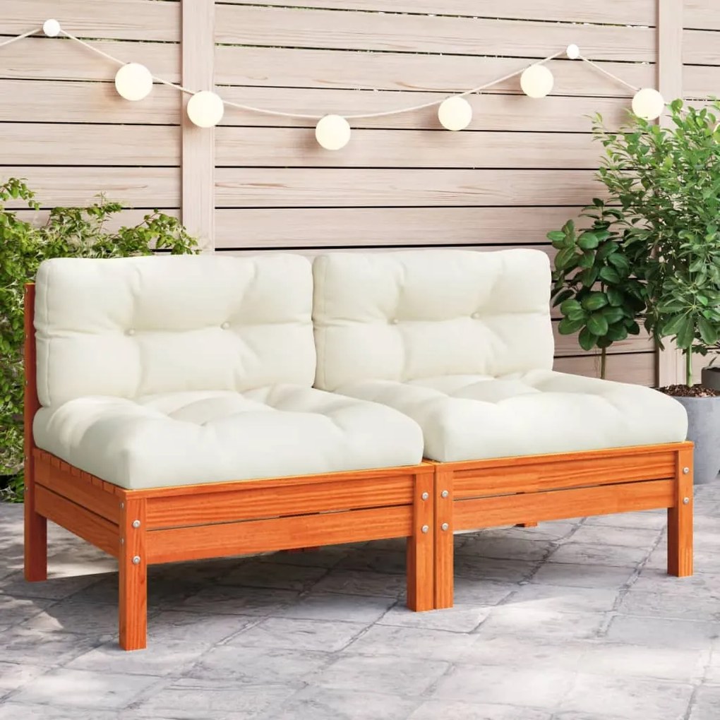 vidaXL Sofá jardim s/ braços c/ almofadões pinho maciço castanho cera
