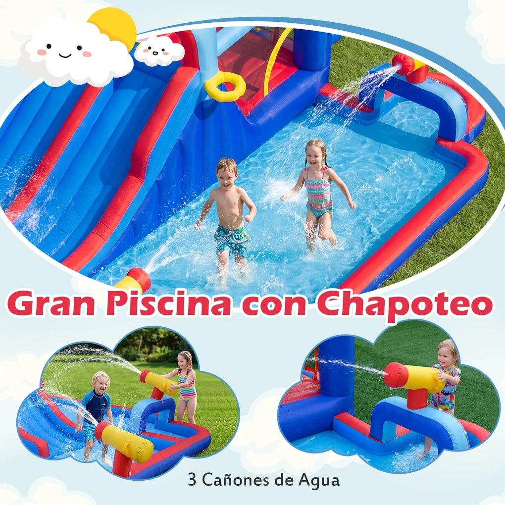Parque aquático insuflável com escorrega duplo 646 x 418 x 211 cm, piscina, zona de salpicos, zona de saltos, parede de escalada, cesto de basquetebol
