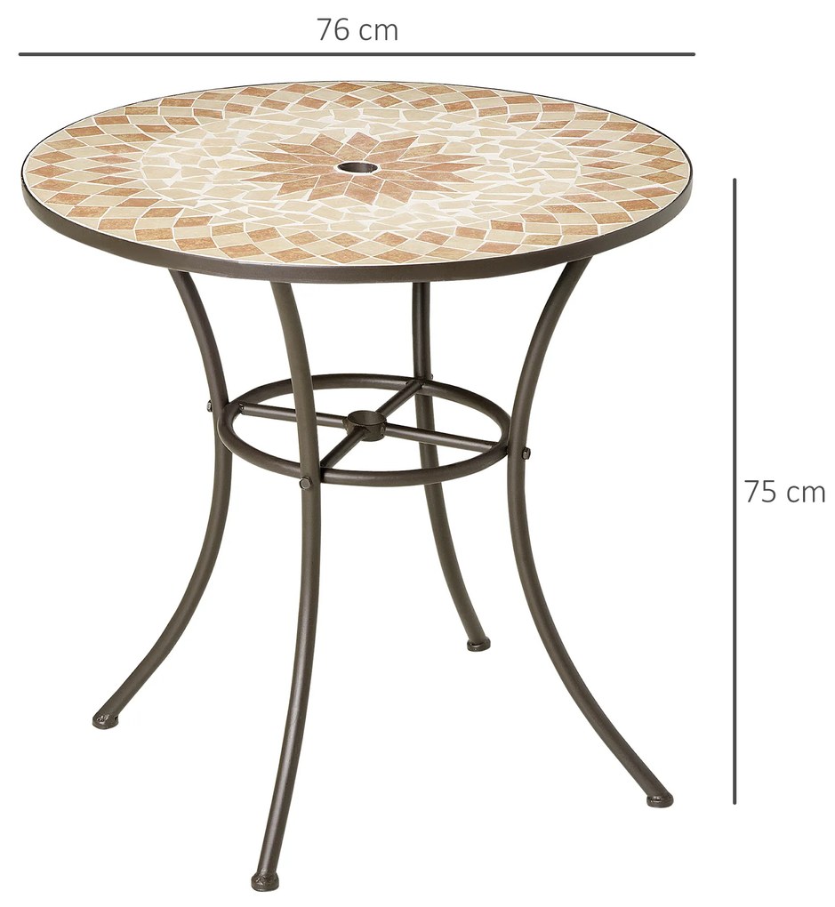 Outsunny Mesa de Jardim Redonda Mesa Auxiliar de Mosaico com Pés de Metal com Orifício para Chapéu de Sol para Pátio Terraço Ø75x75 Bege e Marrom