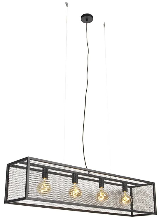 Candeeiro de suspensão industrial preto 118 cm com malha 4 luzes - Cage Industrial