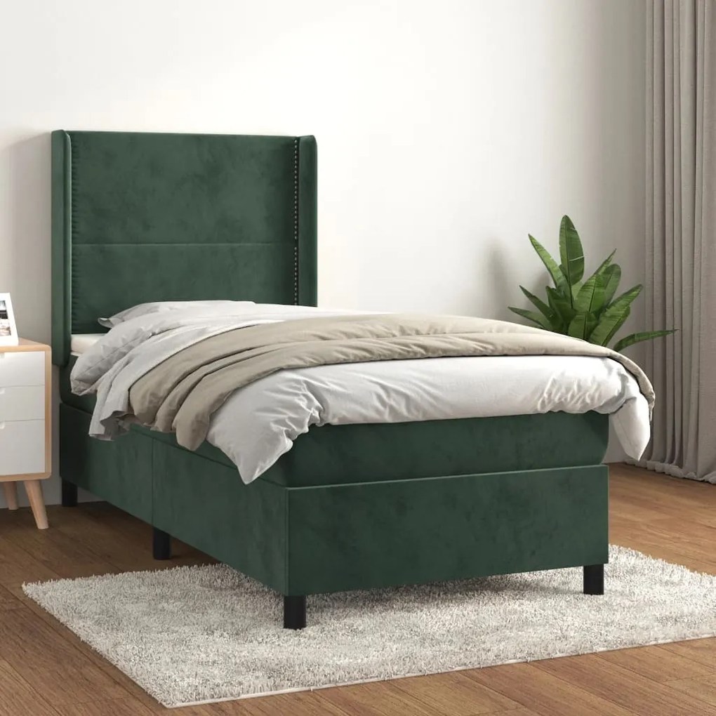 Cama com molas/colchão 90x200 cm veludo verde-escuro