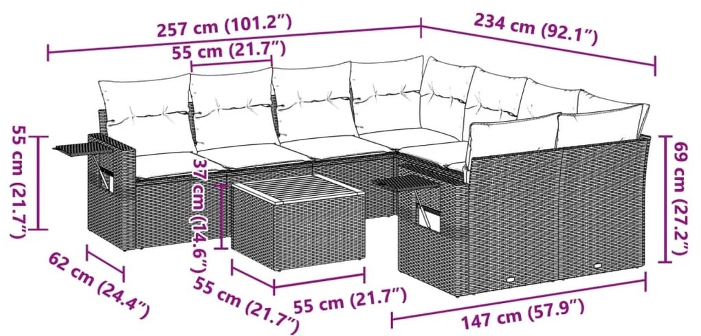 9 pcs conjunto de sofás p/ jardim c/ almofadões vime PE preto
