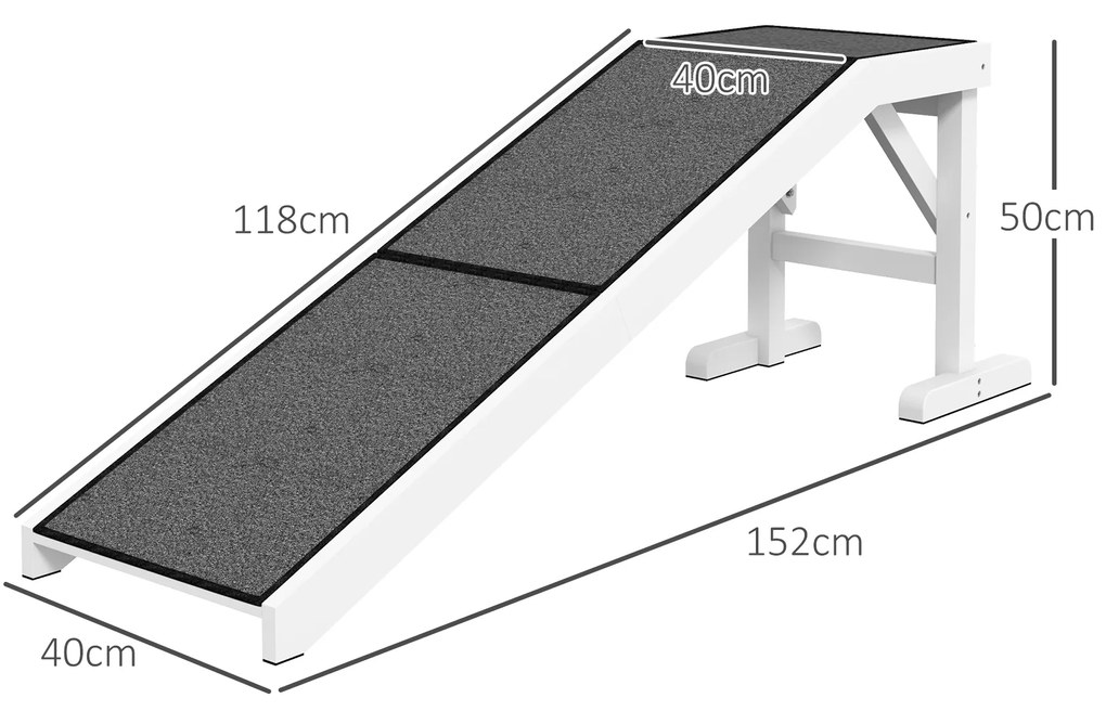 Rampa para Cães de Madeira com Tapete Antiderrapante para Cães Pequenos Médios e Grandes 152x40x50 cm Branco e Cinzento