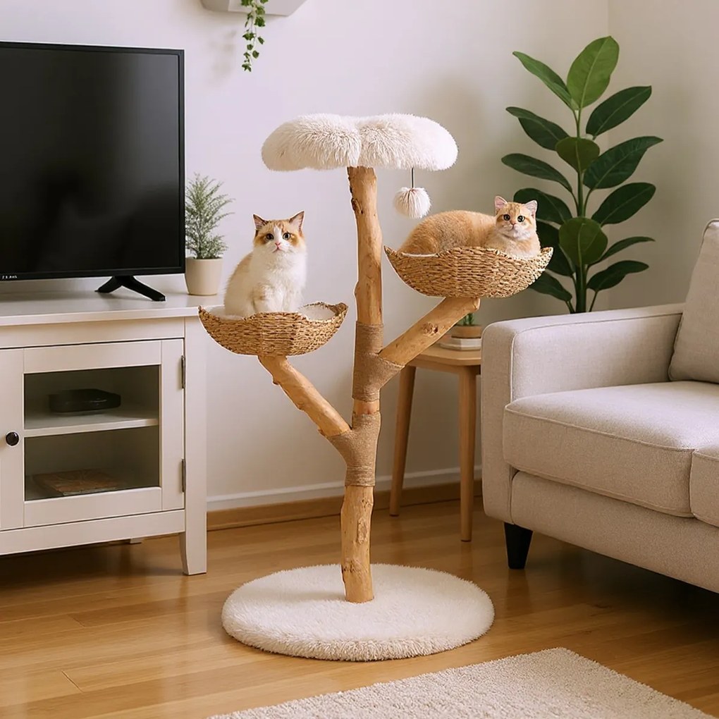 Arranhador para gatos com 2 cestos de rattan Plataforma em forma de flor para interior 61 x 122 cm Branco+Natural
