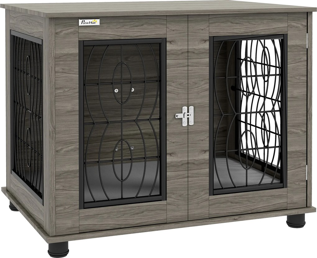 PawHut Caixa para cães com almofada, até 20 kg/50 cm de comprimento corporal, metal, 80x56x63cm, Cinza/Acabamento em madeira | Aosom Portugal