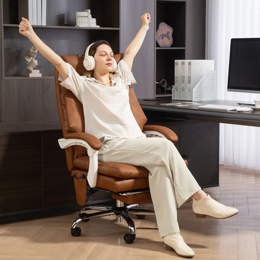 Cadeira de Escritório com Suporte Lombar Inflável Estofada em PU e Encosto Reclinável 65x76x113-121 cm Castanho