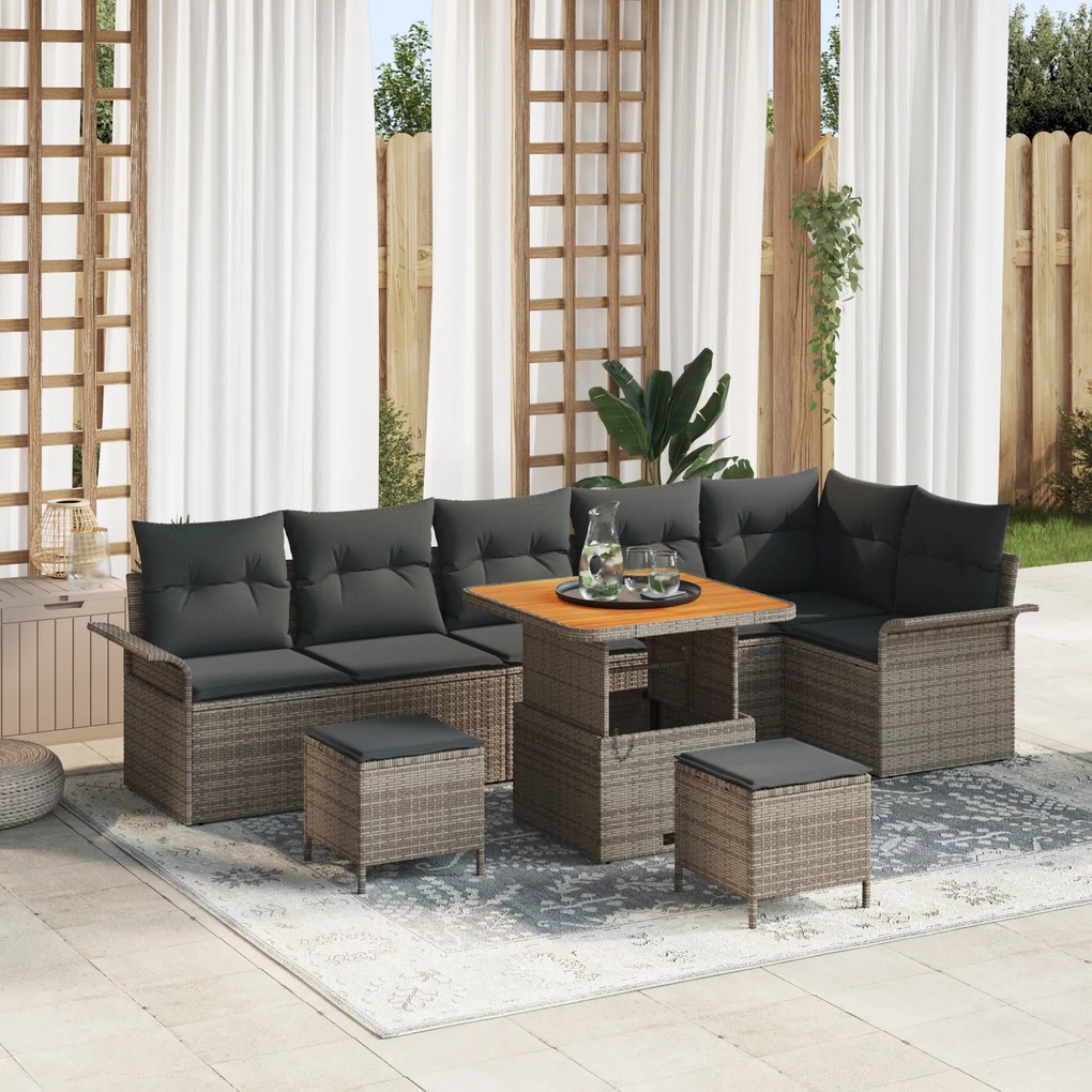 Conjunto de Sofás de Jardim vidaXL 9 Peças com Almofadas Cinzas Rattan