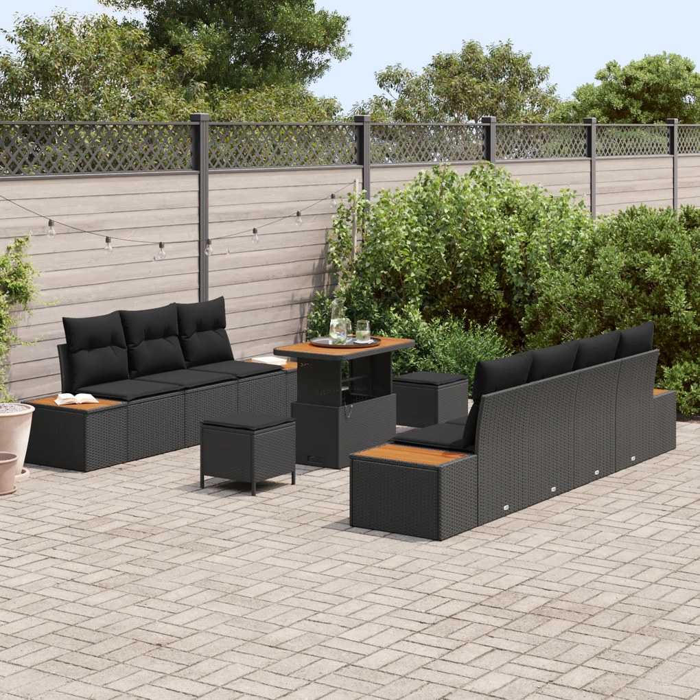 Conjunto de Sofá de Jardim vidaXL de 10 Peças com Almofadas Preto Ratt