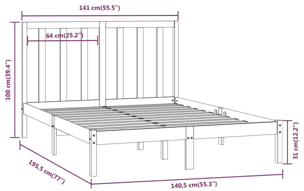 Estrutura de cama casal 135x190 cm pinho maciço