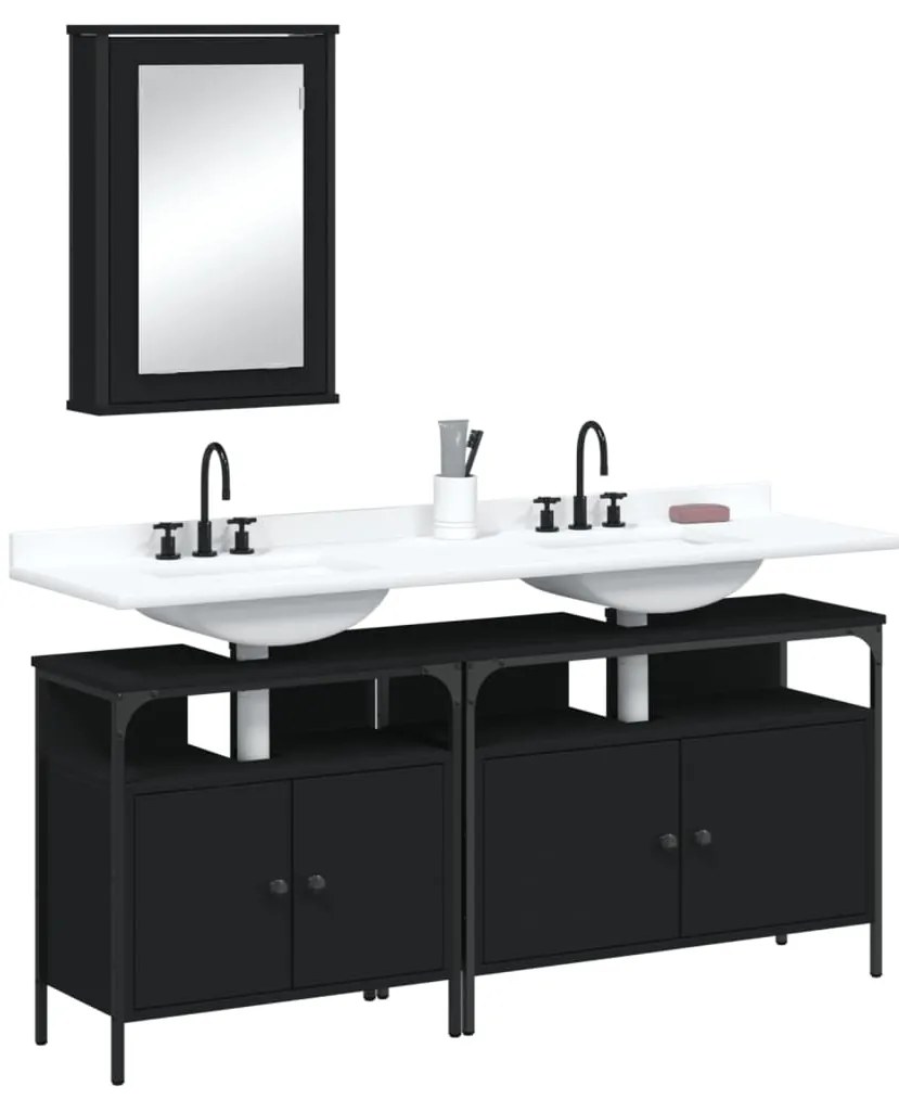 3 pcs conjunto móveis casa de banho derivados de madeira preto