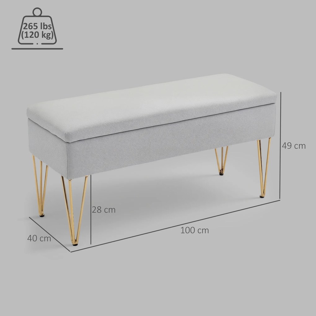 Banco para o Pé da Cama Estofado em Tecido Sintético com Pernas de Aço e Assento Acolchoado Cinzento Claro
