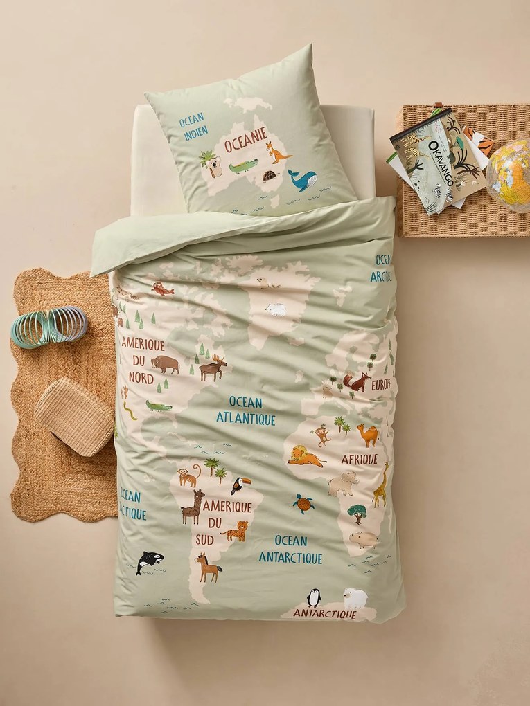 Conjunto de capa de edredão e fronha volta ao mundo dos animais com algodão reciclado, para criança verde-salva