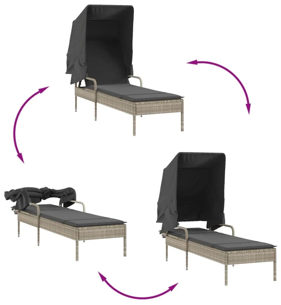 Espreguiçadeira com toldo e mesa vime PE cinzento-claro