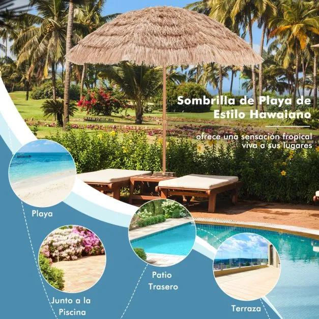 Guarda-sol Tiki Palha Jardim com 220 cm Telhado de colmo Design inclinável 8 hastes Proteção solar para exterior Leve Praia Piscina