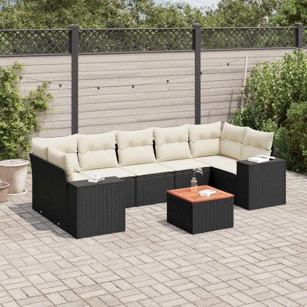 8 pcs conjunto sofás de jardim com almofadões vime PE preto