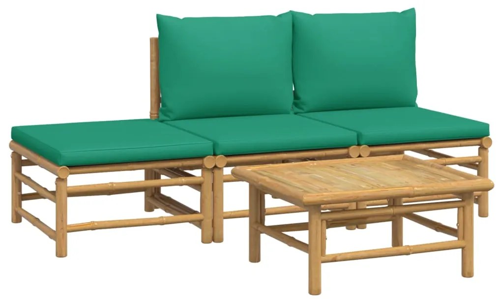 4 pcs conjunto lounge de jardim bambu c/ almofadões verdes