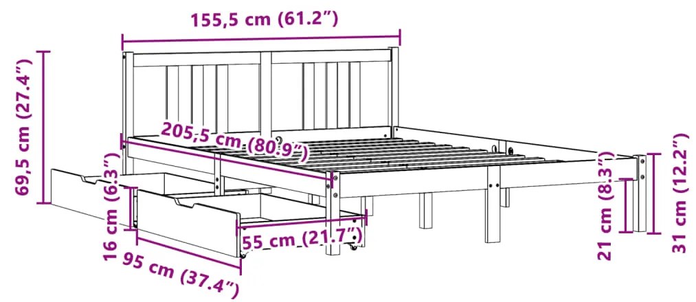 Cama sem colchão 150x200 cm madeira de pinho maciça branco