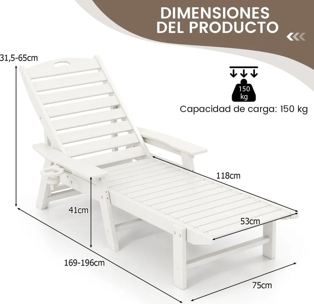 Espreguiçadeira com encosto ajustável em 4 posições, porta-copos e apoios de braços para piscina ou jardim 196-169 x 75 x 31,5-65 cm branca