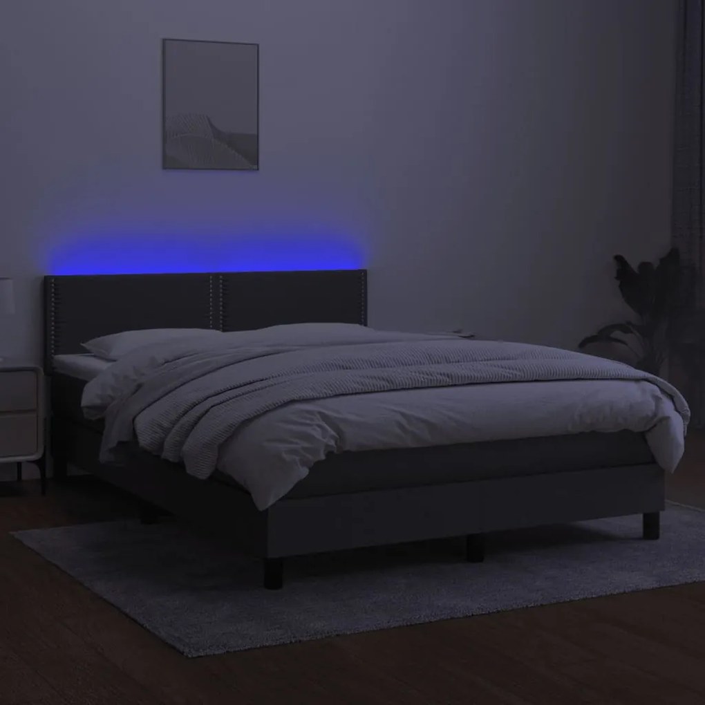 Cama box spring c/ colchão e LED 140x190 cm tecido cinza-escuro