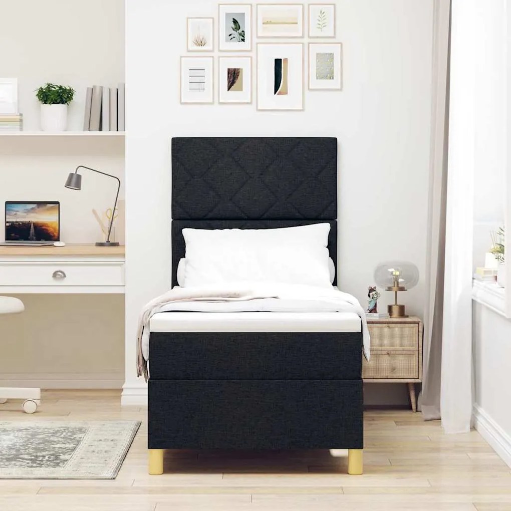 Cama Box Spring com Colchão &amp; LED Preto 80x200 cm Tecido