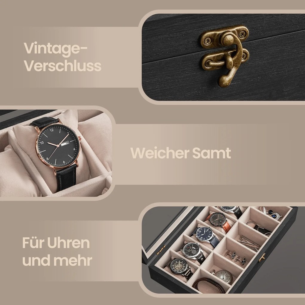 Caixa para relógios em madeira maciça 21 x 35 x 8,5 cm, com tampa de vidro e 12 compartimentos Preta