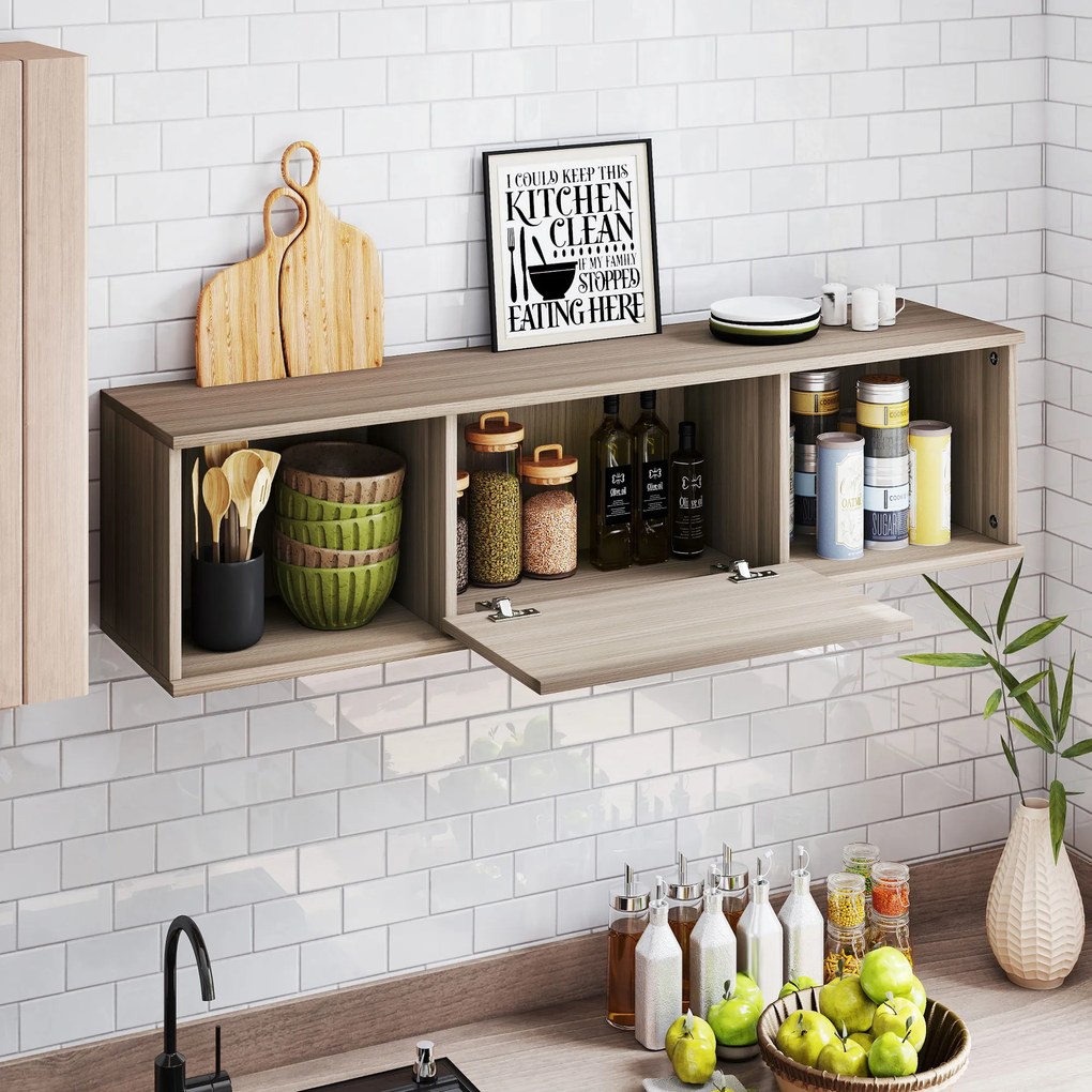 Armário de Parede Móvel para TV Suspenso com 2 Compartimentos Abertos e Porta Rebatível 120x30x29,5 cm castanho Escuro