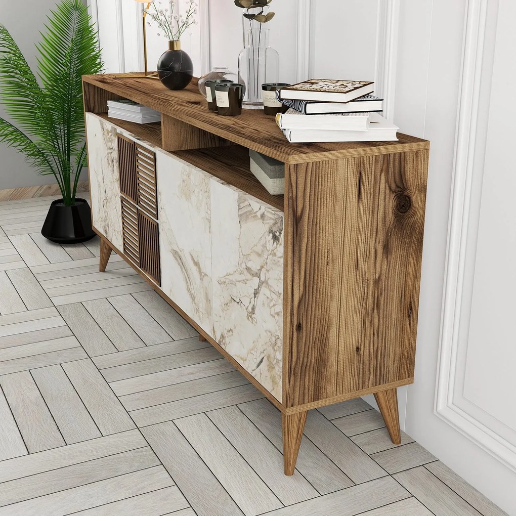 Console Milan – Nogal e Mármore Branco – 160 cm x 78 cm x 35 cm
