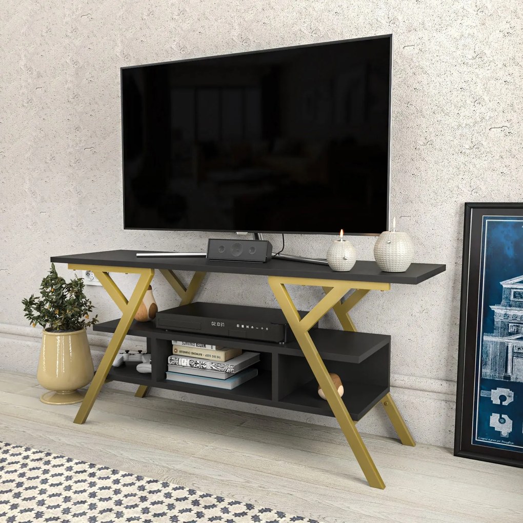 Móvel TV Minerva – Dourado e Antracite – 120x35x55 cm