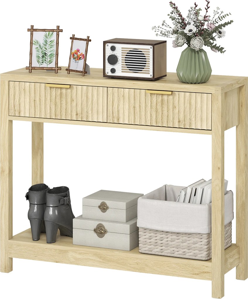 Mesa Consola de entrada de 90 cm, mesa de entrada estreita com 2 gavetas com ranhuras e prateleira, estilo moderno, madeira natural