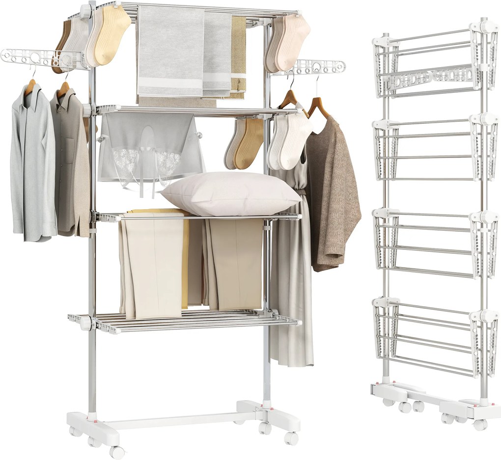 HomCom Estendal de Roupa 4 níveis com Rodinhas tipo Pendurador Móvel Branco e Aço Inoxidável (80-142)x55x172 cm | Aosom Portugal