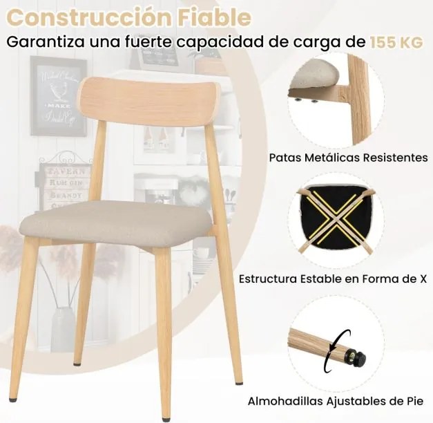 Conjunto de 2 cadeiras de jantar modernas (MESA NÃO INCLUIDA) estofadas em tecido de linho com pernas de metal resistentes natural