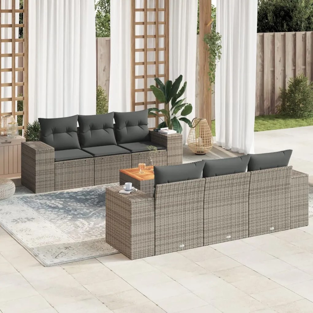 7 pcs conjunto sofás p/ jardim c/ almofadões vime PE cinzento