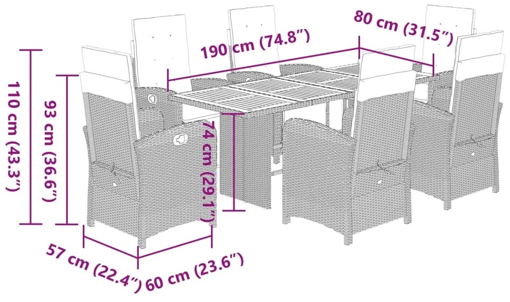 7 pcs conjunto de jantar p/ jardim c/ almofadões vime PE preto