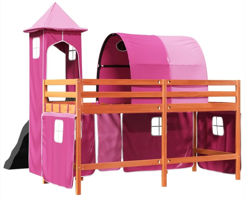 Cama alta para criança com torre 90x190 cm pinho maciço rosa