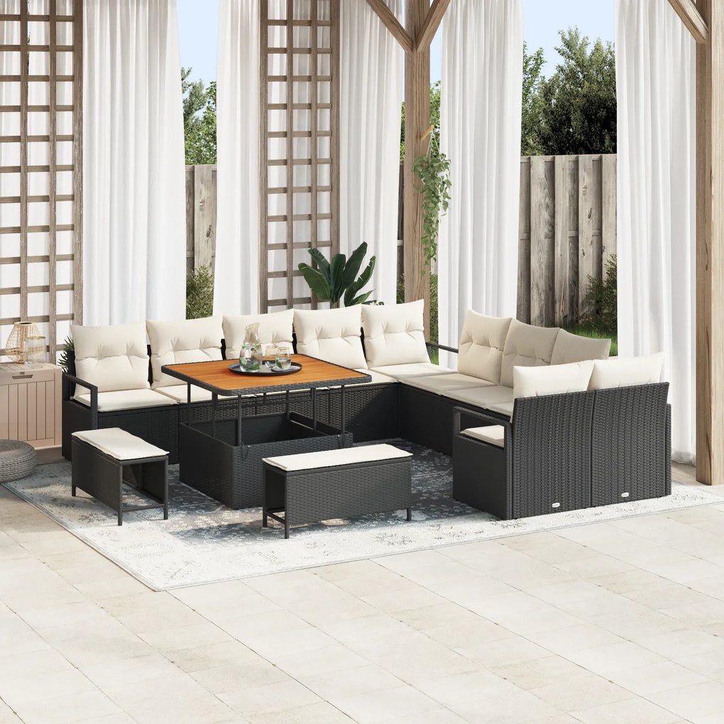 vidaXL Conjunto de Sofá de Jardim 13 Peças com Almofadas Preto Rattan Poliléctrico Acácia