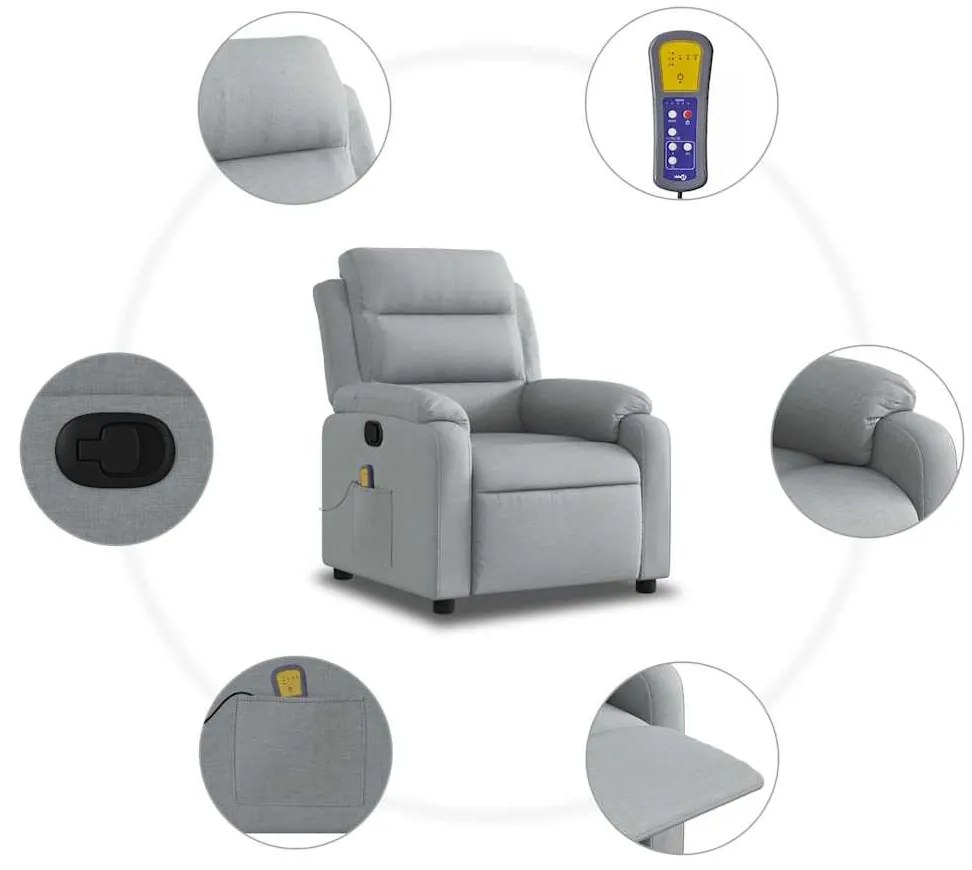 Poltrona de massagens reclinável tecido cinzento-claro
