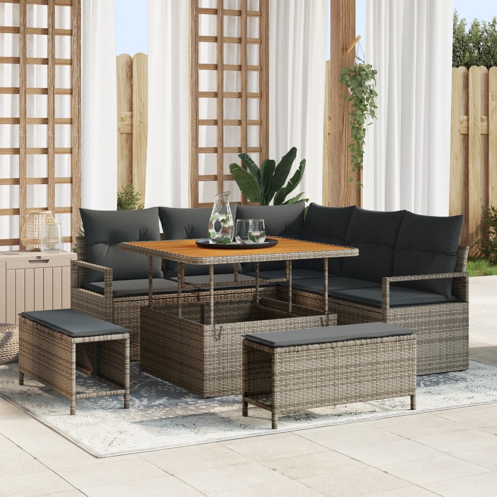 Conjunto de Sofá de Jardim com 8 Peças e Almofadas Cinza Rattan Poliéster Acácia