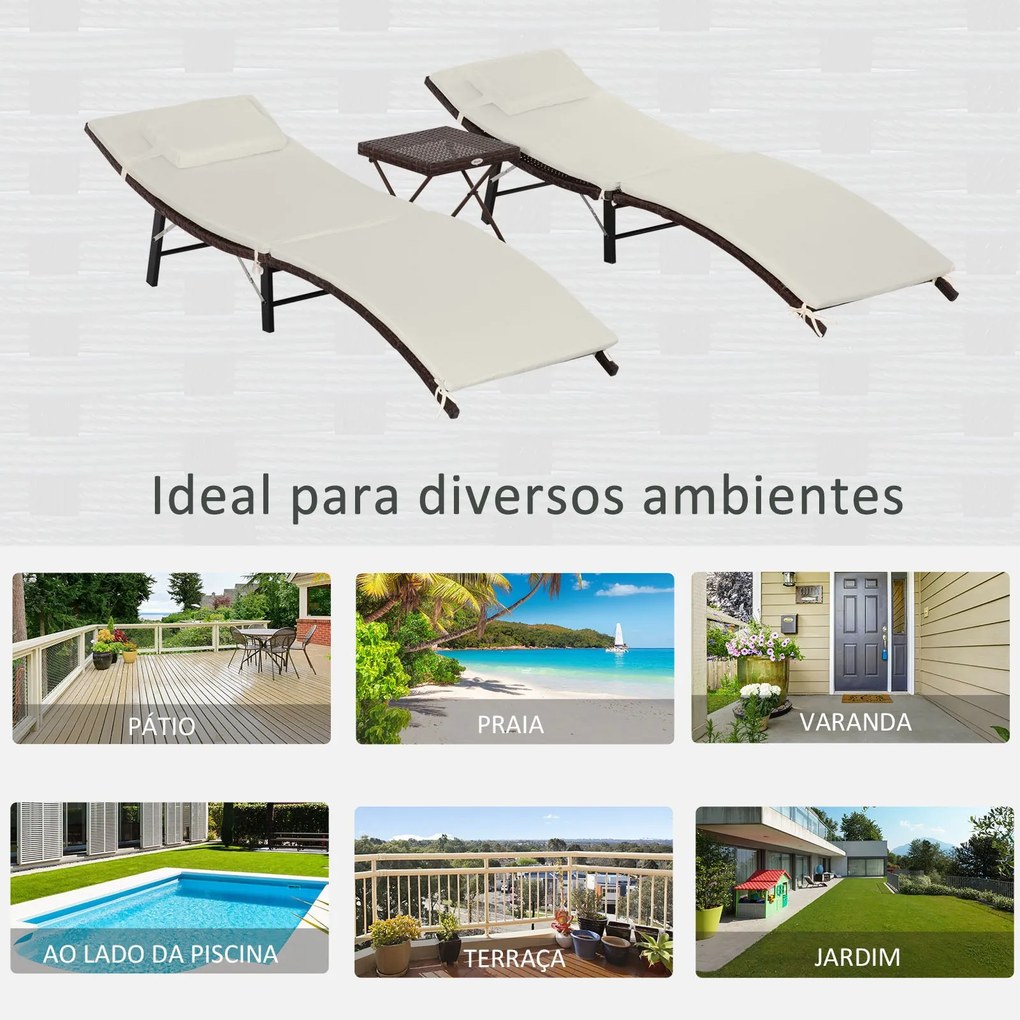 2 espreguiçadeiras 196x61x53cm com mesa de centro 40x40x40cm dobrável